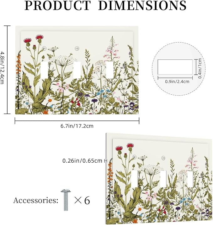 Country Vintage Wild Flowers Floral 3 Gang Light Switch Plate Decorative Triple Toggle Wall Plate Cover Electrical Faceplate Switch Face Plate