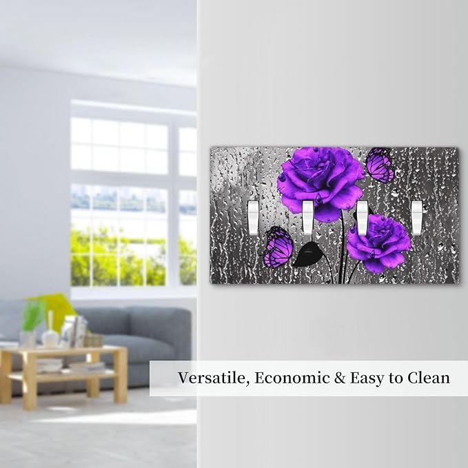 Romantic Purple Butterfly Rose Flower Decorative 4 Gang Quad Toggle Light Switch Cover Electric Large Size Quadruple Faceplate Decorative Switch Face Wallplate