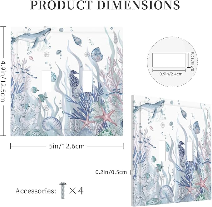 Ocean Themed Coral Seahorse Seashell Starfish Beach Decorative Switch Plates 2 Gang Double Toggle Outlet Light Switch Cover Wall Plate Electrical Faceplate for Bathroom Home Decor