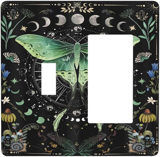 Moon Phase Butterfly Wildflower Plant Mysterious Night Moonlit Outlet Covers 1 Toggle 1 Rocker Combination Decorative Wall Plate Electrical Switch Plates Light Switch Cover Plate for Bedroom