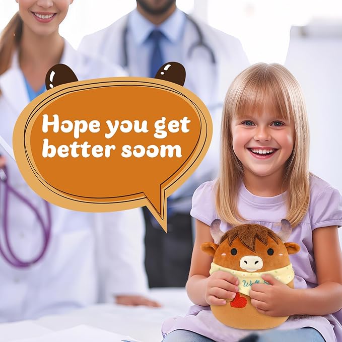 Get Well Soon Highland Cow Stuffed Animal, Get Well Gifts for Kids Women, 8 Inch Kawaii Cow Plush Get Well Soon Stuffed Animal, Feel Better Gifts for Kids