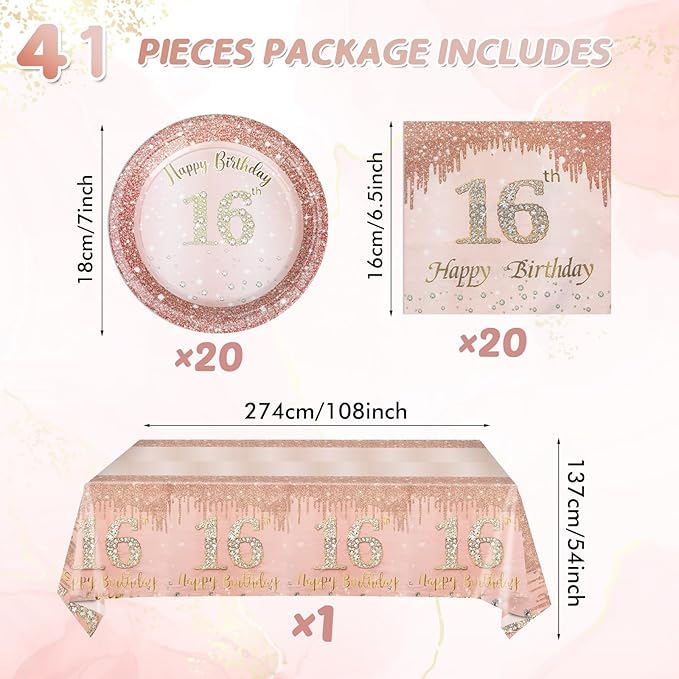 41Pcs 16th Birthday Party Decorations for Girls, Rose Gold Birthday Supplies Include 20 Plates 20 Napkins and 1 Pcs Tablecloth, Sweet Sixteen Year Old Birthday Party Tableware for Girls Kids Children
