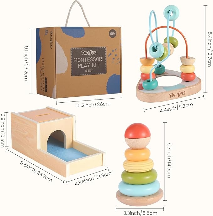 Twefex Wooden Montessori Learning Toys Kit,Babies Toys Set for 1 Year Old, Sensory and Thinking Play kit for Toddlers (Boys and Girls). 4 in 1 Drop Box; Rocking Stacker; Bead Maze.