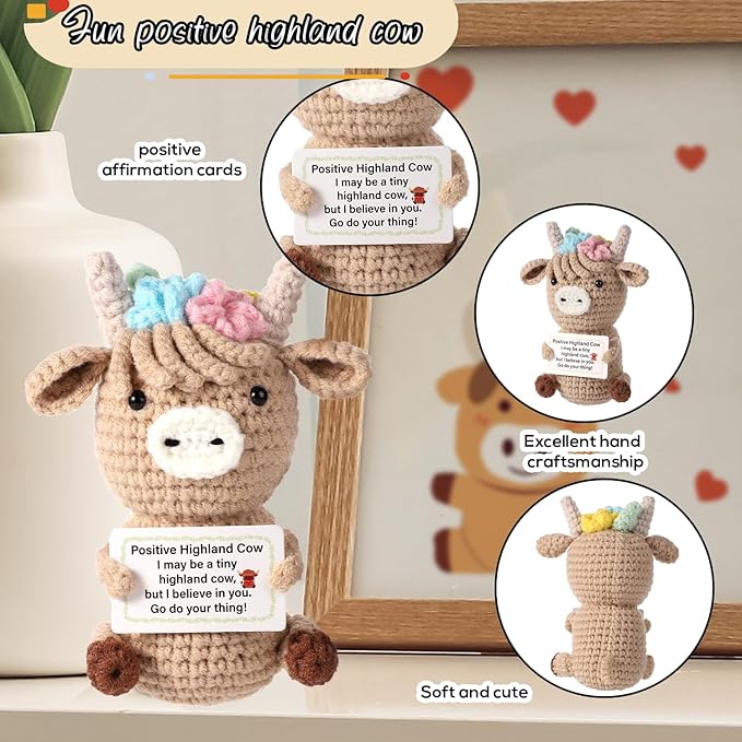 Knitted Highland Cow, Funny Cute Positive Cow Crochet Inspirational Knitted Doll with Positive Card Uplifting Knitted Toy Gift for Friends Family Party Decoration