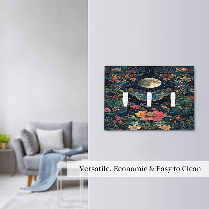 Decorative Light Switch Cover Plate Bohemian Moon Butterfly Floral 3 Gang Wall Plate Triple Toggle Switch Plate Covers Electrical Outlet Cover for Bedroom Cabin Decor