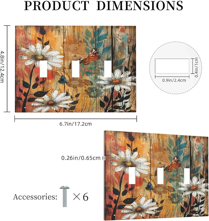 Light Switch Cover Plate Vintage Wooden Daisies Butterflies Floral 3 Gang Triple Toggle Decorative Switch Plates Wall Plates Electrical Switchplate Faceplate for Bathroom Farmhouse Decor