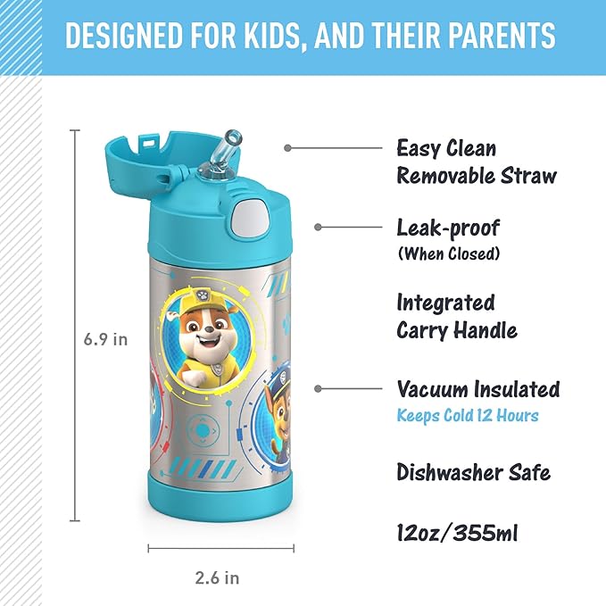 THERMOS FUNTAINER Water Bottle with Straw - 12 Ounce - Kids Stainless Steel Vacuum Insulated Water Bottle with Lid, Paw Patrol Blue