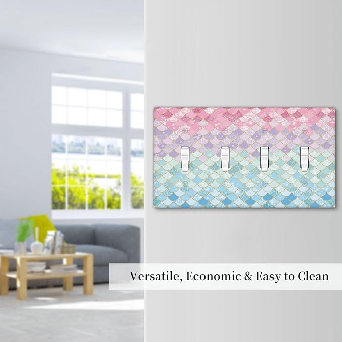 Colorful Mermaid Scales Quad Toggle Light Switch Cover Decorative Blue Cute 4 Gang Wall Plate Electrical Faceplate Switchplate for Bathroom Girls Bedroom Kids Baby Nursery Living Room Decor