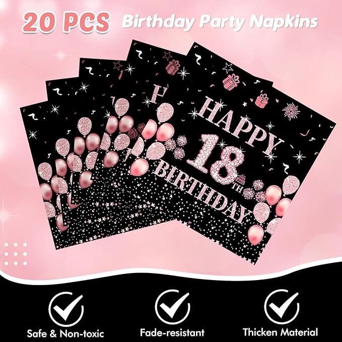 62Pcs 18th Birthday Decorations for Girls Her, Rose Gold Birthday Party Supplies Include 20 7''Plates 20 9'' Plates 20 Napkins and 2 Tablecloth, Rose Gold Princess Party Tableware for 20 Guests