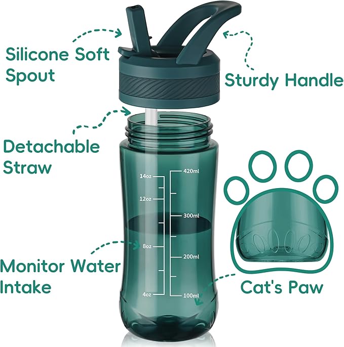 Kids Water Bottle, Dustproof Leakproof Cover, BPA Free Tritan Water Bottle Kids With Volume Markings Drinking 14oz Clear Water Bottle Unique Cat Paw Print Bottom Toddlers, School , Outdoor（Dark Green）