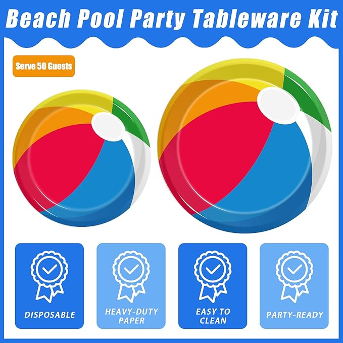 Kepeel 200Pcs Summer Pool Beach Party Tableware Set, Beach Pool Ball Party Decorations Supplies for Kids Boys Girls Summer Hawaiian Party Disposable Dessert Plates Napkins Forks Favors, Serve 50