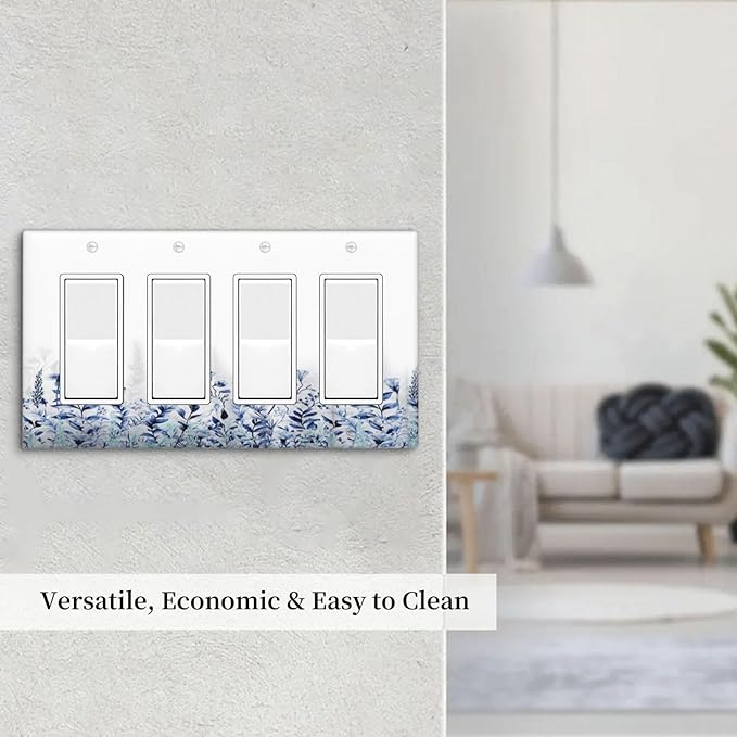 Decorative Outlet Covers Rustic Blue Plants Wildflowers Boho Leaves 4 Gang Wall Plate Cover Quad Rocker Decora Light Switch Covers Plate Jumbo Electrical GFCI Switch Plate Cover