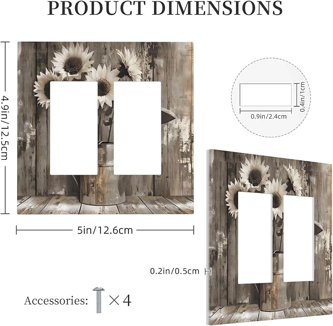 Rustic Floral Country Sunflower Daisy Old Wooden Boards Decorative Outlet Covers 2 Gang Double GFCI Rocker Electrical Wall Panels Light Switch Cover Plate for Farmhouse Home Decor
