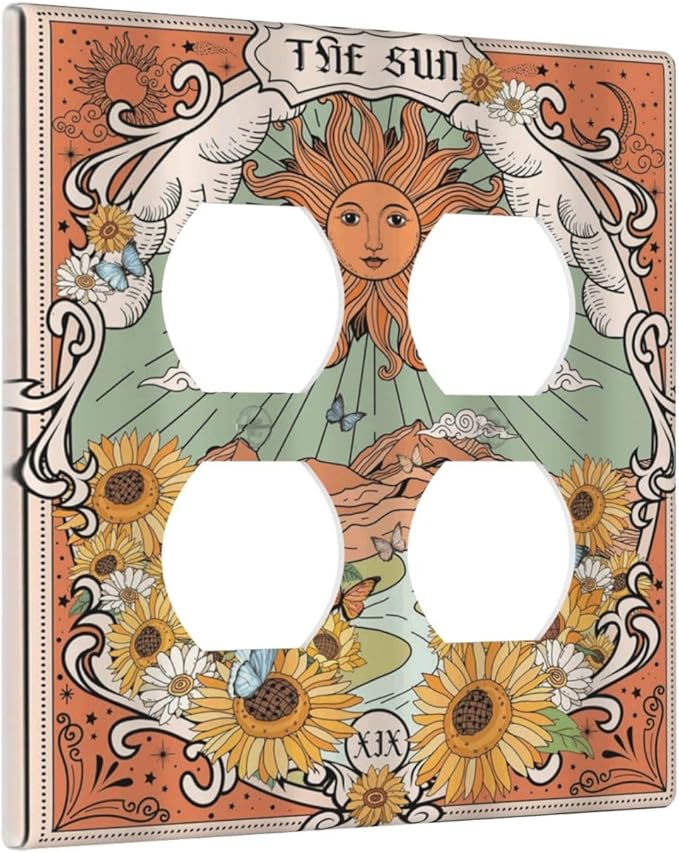 Boho Retro Sun Sunflower Vintage Flower Butterfly Outlet Covers 2 Gang Double Duplex Decorative Light Switch Covers Electrical Wallplates Socket Faceplate for Farmhouse Home Decor