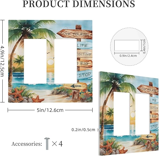 Tropical Beach Palm Tree Summer Coastal Ocean Sunset Decorative Outlet Covers 2 Gang Double GFCI Rocker Electrical Wall Panels Light Switch Cover Plate for Bedroom Living Room Decor