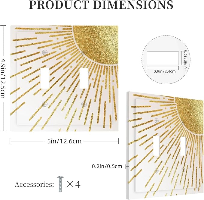 Mid Century Boho Gold Sun Abstract Sunrise Decorative Switch Plates 2 Gang Double Toggle Outlet Light Switch Cover Wall Plate Electrical Faceplate for Kids Room Home Decor