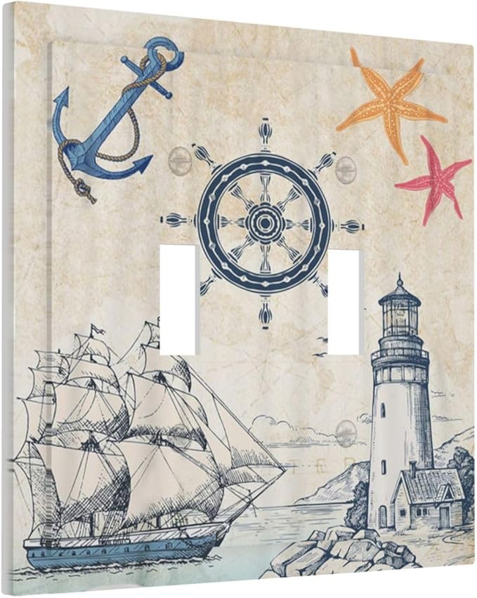Nautical Sailboat Beach Anchor Pirate Beacon Ocean Double Toggle Light Switch Covers Decorative 2 Gang Wall Plate Electrical Faceplate Switchplate for Farmhouse Bathroom Bedroom Living Room Decor