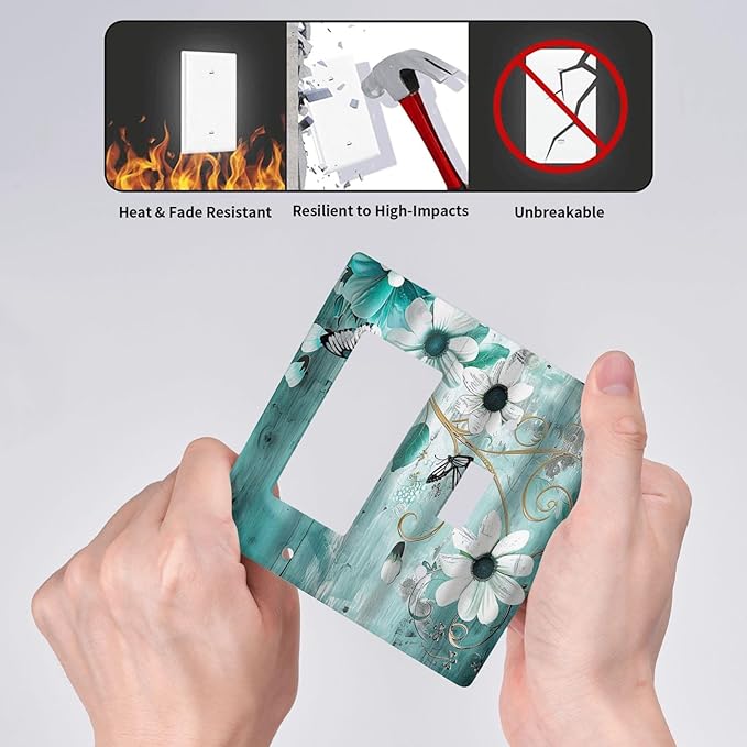 Decorative Outlet Covers Turquoise Flowers and Butterflies Rustic Teal White Floral 2 Gang 1 Gang Wall Plate Single Toggle Rocker Device Combination Light Switch Cover Plate Switch Plate Cover