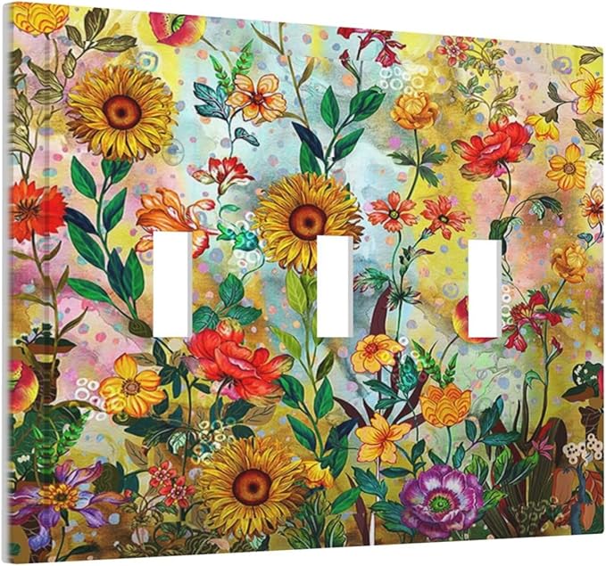 Fall Colorful Sunflower Floral 3 Gang Light Switch Cover Triple Toggle Wall Plates Decorator Receptacle Outlet Covers Electrical Switchplate Faceplate for Bedroom Bathroom Kitchen Decor