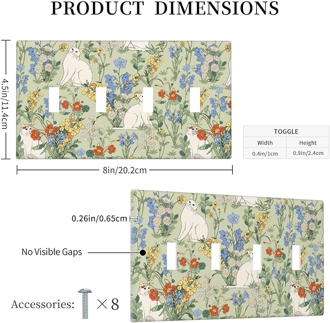 Light Switch Covers Vintage Floral Cute Cat Colorful Flowers Quad Toggle Electrical Faceplate 4 Gang Wall Plate Decorative Switch Plates For Bed Room Living Room Decor