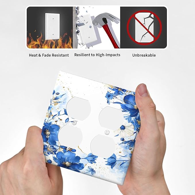 Klein Blue Flowers Watercolor Golden White Floral Outlet Covers 2 Gang Double Duplex Decorative Light Switch Covers Electrical Wallplates Socket Faceplate for Bedroom Living Room Decor
