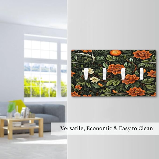 Light Switch Cover William Morris Orange Flowers Rustic Leaves Floral 4 Gang Quad Toggle Decorative Switch Plates Electrical Wall Plates Faceplate for Bathroom Bedroom Decor