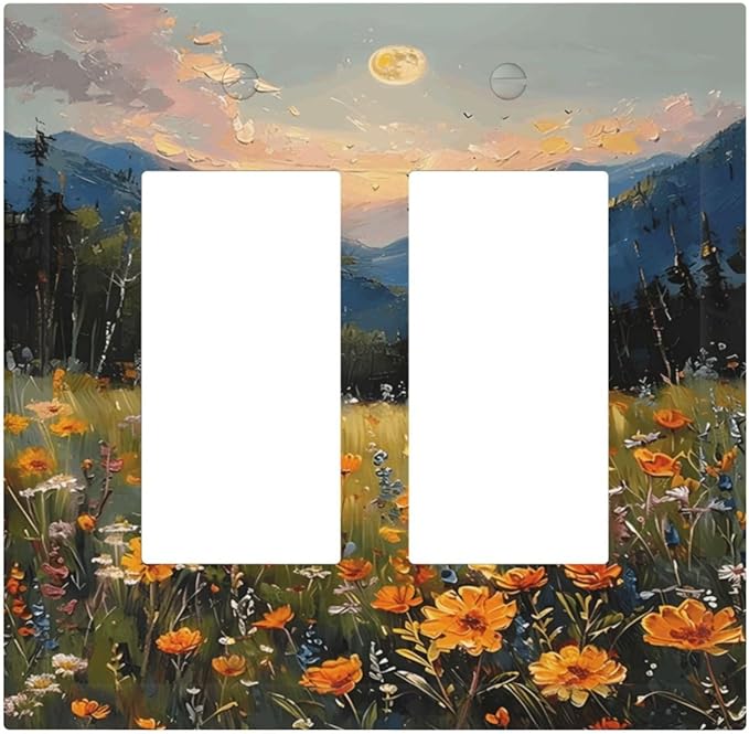 Sunset Wild Flower Field Floral Nature Landscape Decorative Outlet Covers 2 Gang Double GFCI Rocker Electrical Wall Panels Light Switch Cover Plate for Farmhouse Bedroom Decor