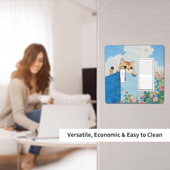 Cat Flower Single Toggle Rocker Combination Wall Plate Decorative 2 Gang Light Switch Covers Electrical Switchplate Home Decorate Faceplat for Bathroom Bedroom Kitchen Room 4.5 x 4.5 Inch