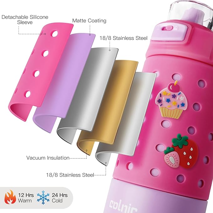 Kids Water Bottle for School 12 oz,Kids Vacuum Insulated Stainless Steel Water Bottles,Toddler Boy Water Bottle for School with Leak Proof Locking Lid(Jelly Pink)