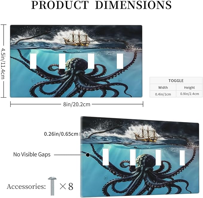 Light Switch Cover Plate Black Ocean Nautical Octopus Ship Funny Kraken 4 Gang Switch Plate Covers Quad Toggle Wall Plates Decorative Switchplate Electrical Faceplate for Bathroom Home Decor
