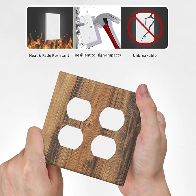 Outlet Covers Vintage Rustic Country Brown Wood 2 Gang Double Duplex Decorative Light Switch Covers Electrical Wallplates Socket Faceplate For Farmhouse Cabin Decor