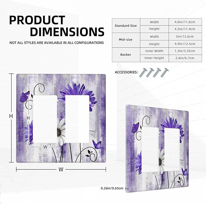 Decorative Outlet Covers Rustic Purple Daisy Butterfly Boho White Floral 2 Gang Wall Plate Cover Double Rocker Decora Light Switch Covers Plate Jumbo Dual Electrical GFCI Switch Plate Cover
