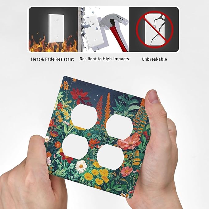 Decorative Outlet Covers with Wildflowers & Stars Botanical Floral Art Design 2 Gang Wall Plate Double Duplex Receptacle Light Switch Cover Switch Plate Cover for Garden Theme Wall Decor