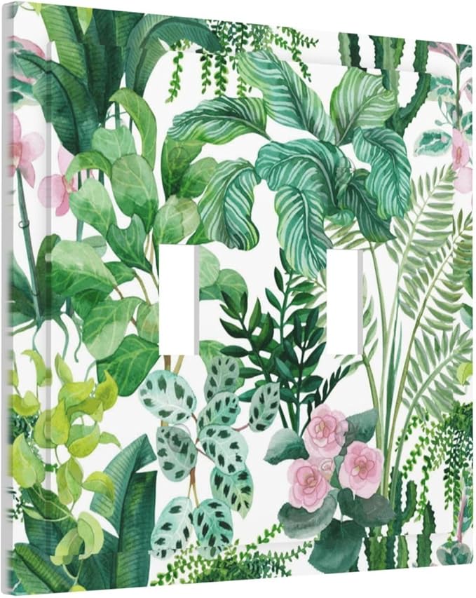 Tropical Palm Leaves Green Jungle Botanical Floral Flowers Decorative Switch Plates 2 Gang Double Toggle Outlet Light Switch Cover Wall Plate Electrical Faceplate for Bedroom Living Room Decor