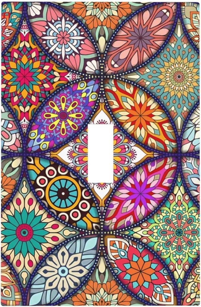 Boho Floral Pretty Colorful Mandala Flowers Decorative Light Switch Cover 1 Gang Single Toggle Device Electrical Faceplate Switchplates Decorator Outlet Wall Plate for Bedroom Living Room Decor