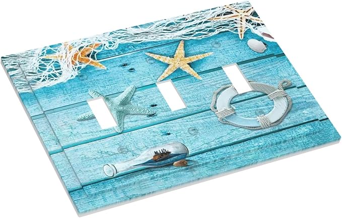 Turquoise Teal Fishing Net Wood Plank 3 Gang Light Switch Plate Decorative Triple Toggle Wall Plate Cover Electrical Faceplate for Bathroom Home Living Room Decorate