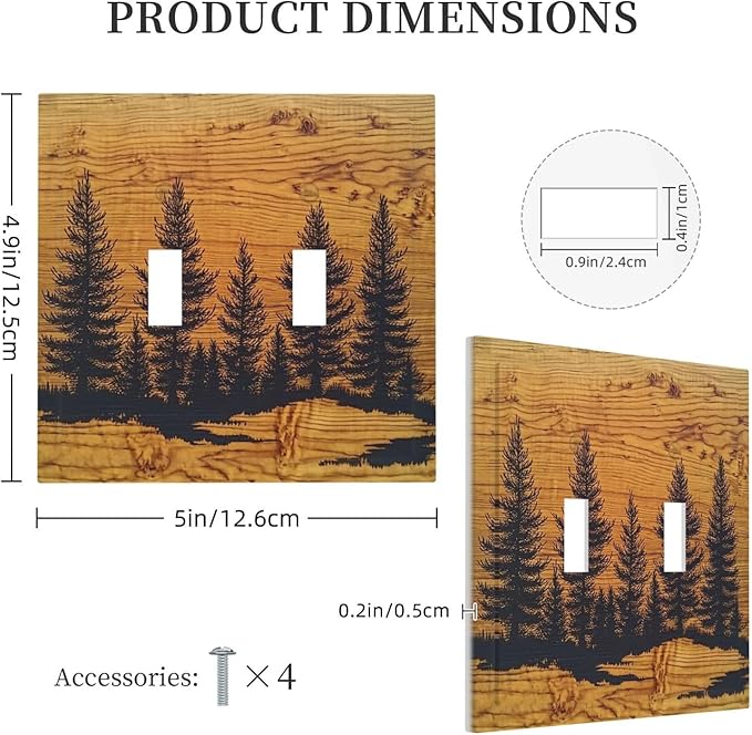 Decorative Switch Plates Forest Pine Silhouette Rustic Wood Grain 2 Gang Double Toggle Outlet Light Switch Cover Wall Plate Electrical Faceplate For Farmhouse Cabin Decor