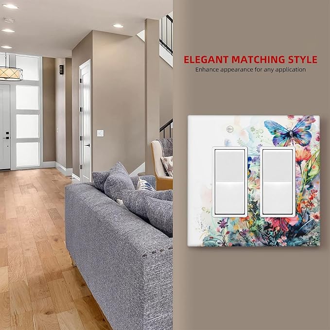 Light Switch Cover Watercolor Colorful Floral Butterflies Wildflowers 2 Gang Double Rocker Outlet Covers Decorative Switch plates Electrical Wall Plates GFCI Receptacle for Bathroom Bedroom