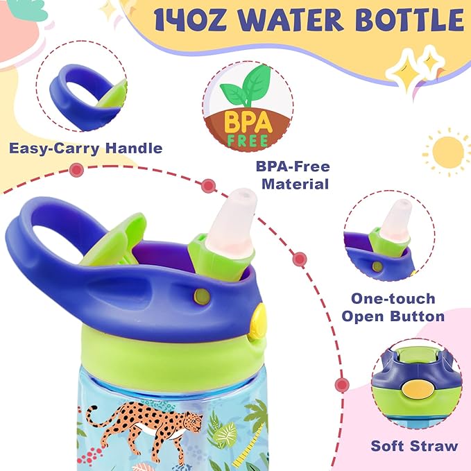 14oz Sloth Kids Water Bottle with Straw Lid - Koala Water Bottles for Kids, Leakproof, Lightweight, Durable Plastic Bottles for School Travel, Pop-Up Straw Cover, Gift Cup for Boys Girls(Animals)