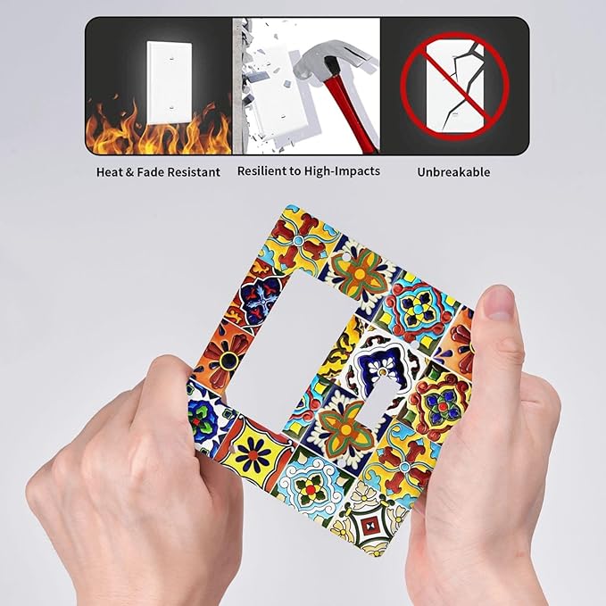 2-Gang 1-Toggle 1-Decorator/GFCI Device Combination Wallplate Colorful Mosaic Moroccan Mexican Boho Talavera Floral Ceramic Tile Combo Rocker/Toggle Receptacle Outlet Light Switch Cover Face Plate