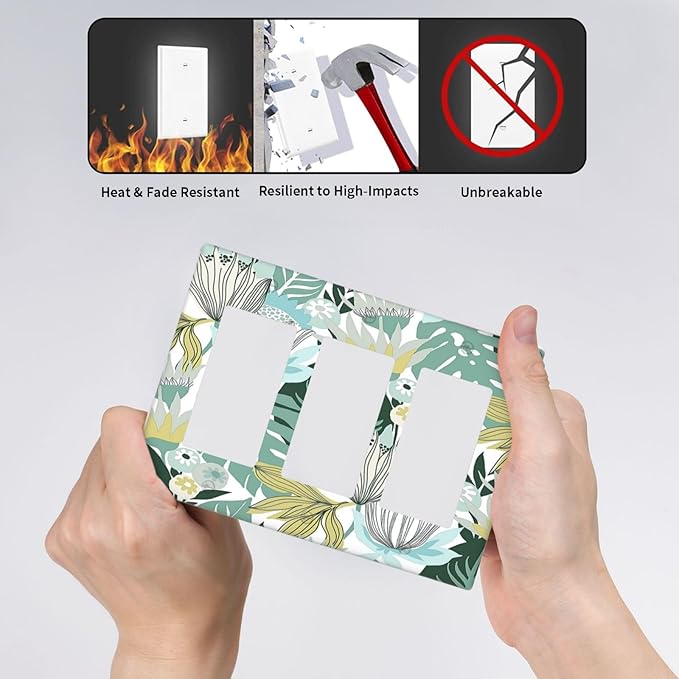 Retro Tropical Leaves 3 Gang Wall Plate Triple Rocker Light Switch Cover Decorative Switch Plates Outlet Covers Electrical GFCI Faceplate for Bedroom Bathroom Kitchen Art Decor Accessories