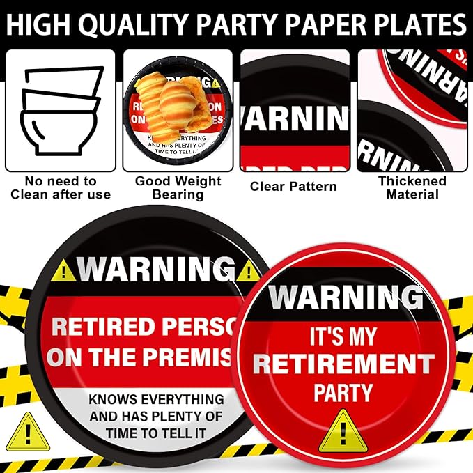 Qyeahkj 100 Pcs Funny Happy Retirement Party Supplies Caution Retirement Paper Plates and Napkins Set Disposable Warning Sign Tableware Decorations for Men Women Farewell Going Away Party Serves 25