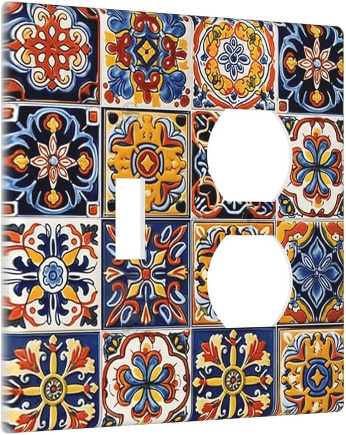 Mexican Talavera Tiles Flower Vintage Wallplates 1 Toggle 1 Duplex Switch Plate Electrical GFCI Faceplate Decorative Light Switch Covers for Kitchen Bathroom Decor