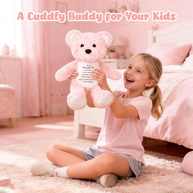 to My Daughter Teddy Bear Plush Toy, Daughter Gifts from Mom Dad, Soft Stuffed Animal with Positive Affirmation Message, Mothers Day Birthday Graduation Gifts for Daughter Women Kids 15" (Pink Curly)