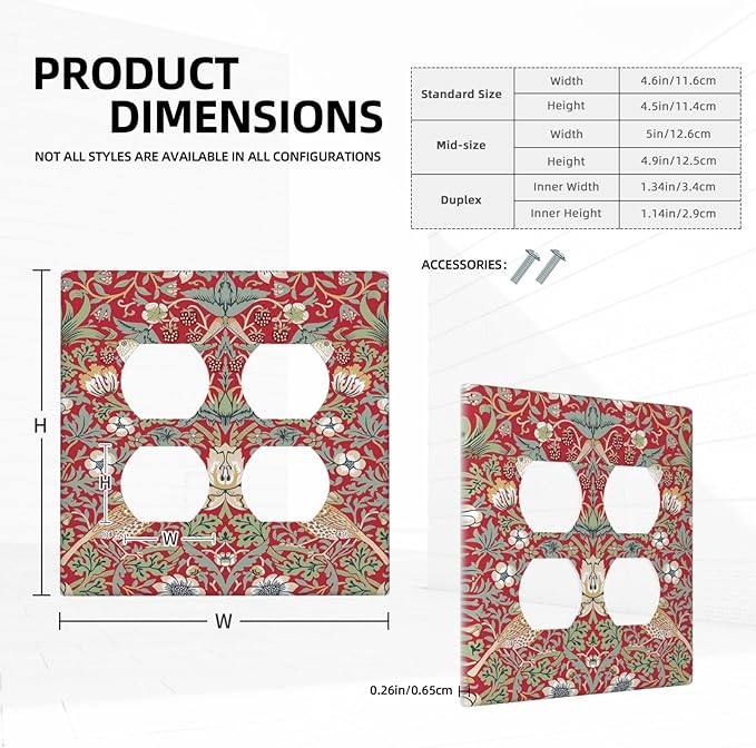 Decorative Outlet Covers William Morris Strawberry Thief Botanical Red Green 2 Gang Double Duplex Light Switch Cover Wall Plates Electrical Socket Cover Art Faceplate for Bathroom Bedroom Decor