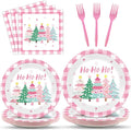 CHUNNIN 96Pcs Pink Christmas Trees Paper Plates and Napkins Xmas Watercolor Party Decorations Pink Xmas Trees Disposable Tableware Set for Kids Girls Winter Holiday Birthday Home Party Supplies