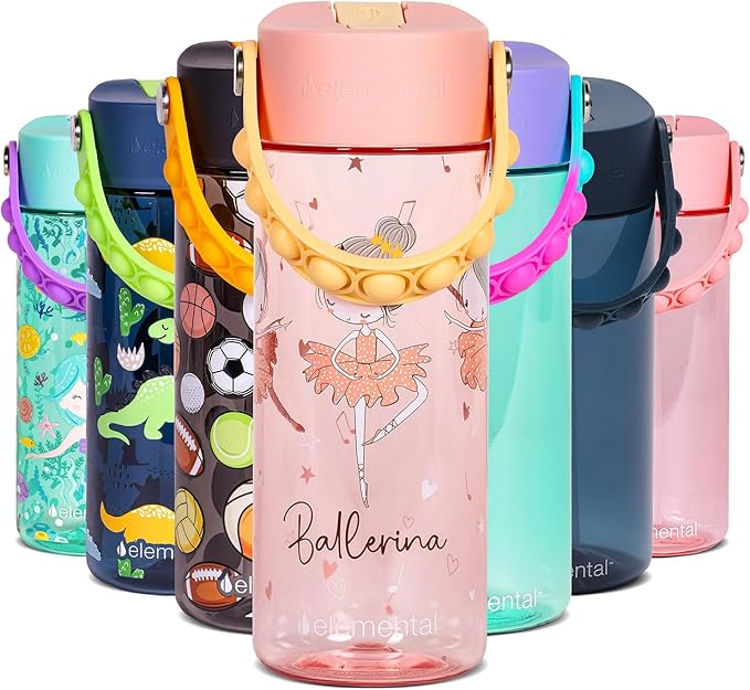 Elemental Water Bottles for Kids - Splash Kids Water Bottle for School with Pop-it Handle - BPA Free Tritan Plastic Water Bottle with Straw Leak Proof when Spout is Closed - Ballerina - 18oz