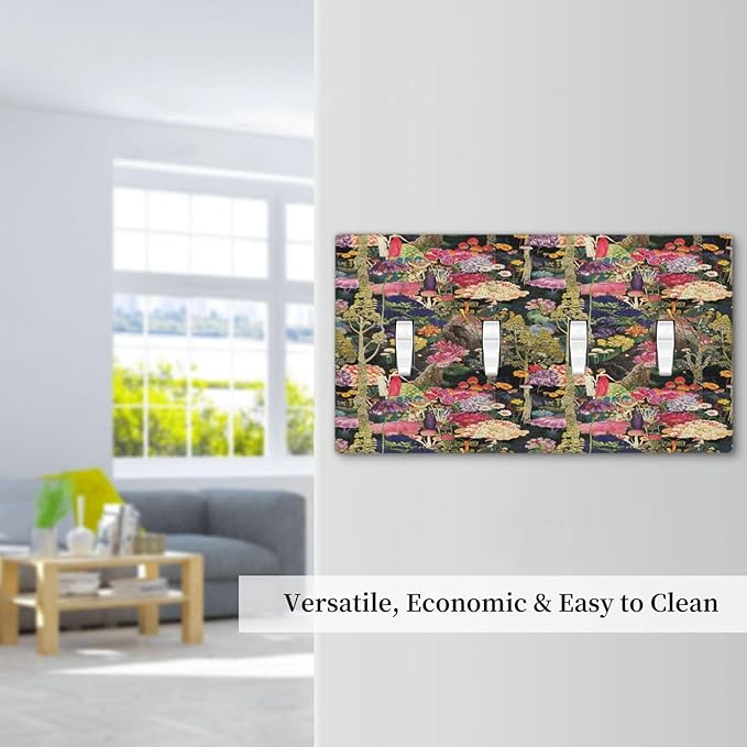 Dreamy Tropical Rainforest Colorful Mushroom Wildflower Light Switch Covers Quad Toggle Electrical Faceplate 4 Gang Wall Plate Decorative Switch Plates Cover for Farmhouse Kids Room Decor