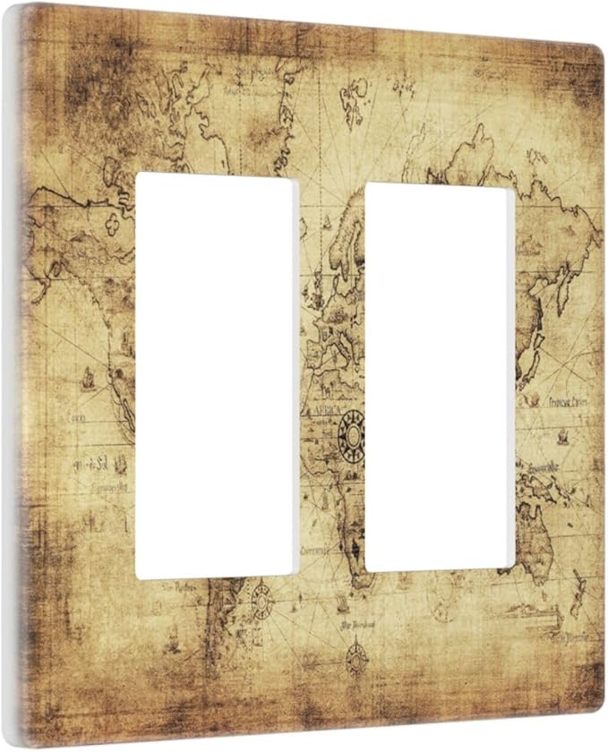 Old World Ocean Map 2 Gang Double Rocker/Decora Light Switch Cover Decorative Outlet Wall Plate Electrical Faceplate Home Family Art Decor Screwless