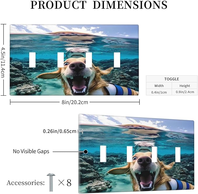 Decorative Light Switch Plate Covers Angry Shark Chased Funny Dog Underwater Sea 4 Gang Wall Plate Switch Cover Plate Quad Toggle Jumbo Electrical Faceplate for Bathroom Decor